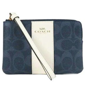 Corner Zip Wristlet In Signature Canvas/Leather Blue Denim/Chalk White